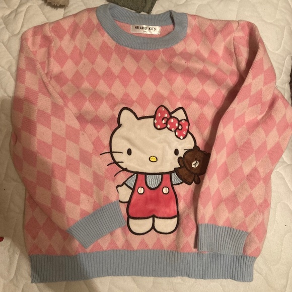 Girls Hello Kitty Knit Sweater Pull Over Pink Plaid Diamond Blue Embroidered 7 8